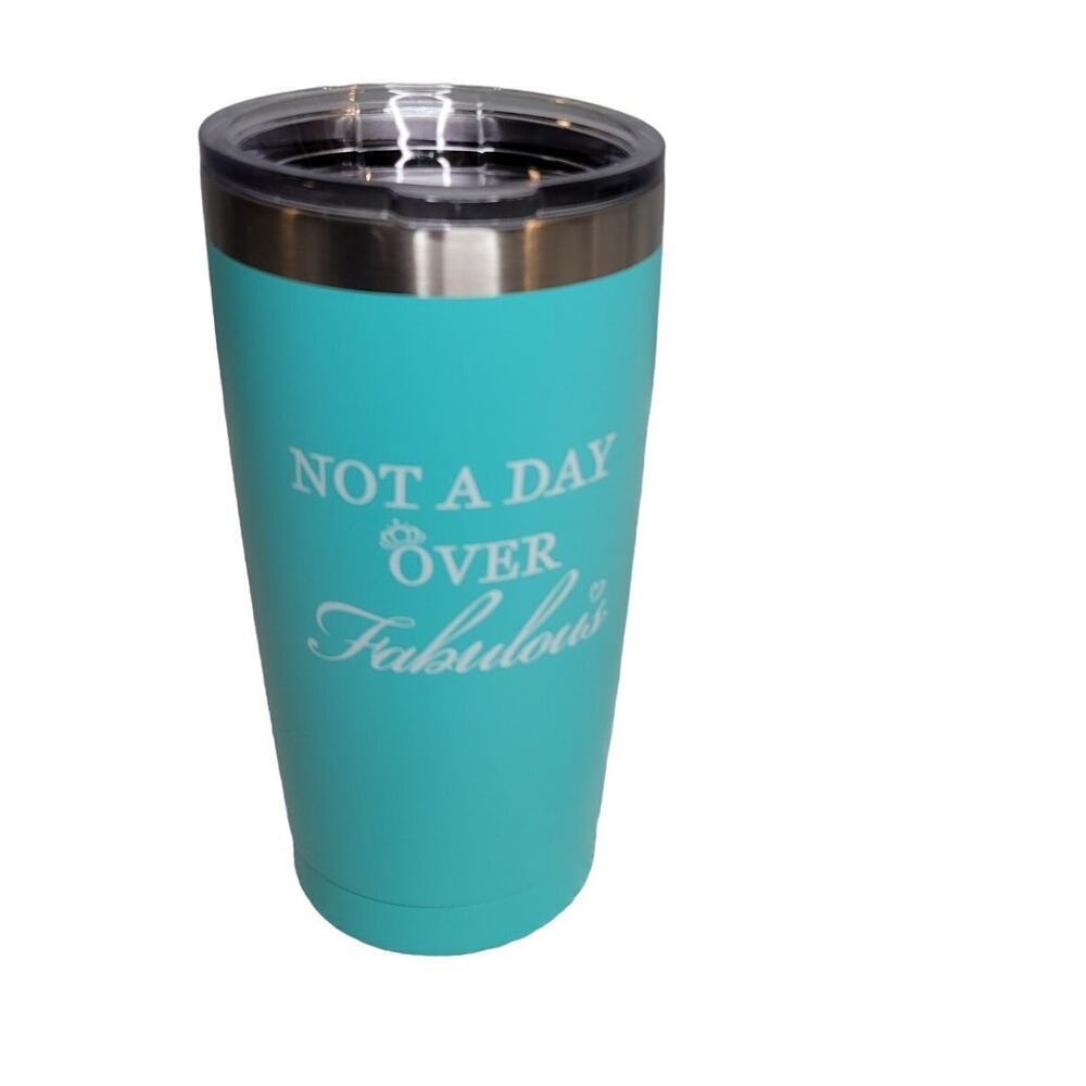 Not a Day Over Fabulous tumbler teal blue stainless steel travel mug straw brush